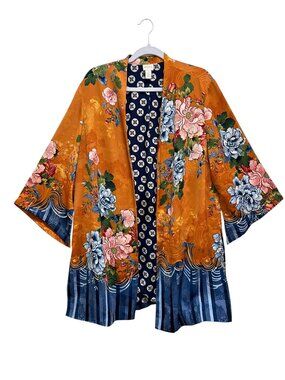 Chico's Drama Printed Lined Kimono, Floral Front Bell Sleeves Cardigan, Sz 3 XL